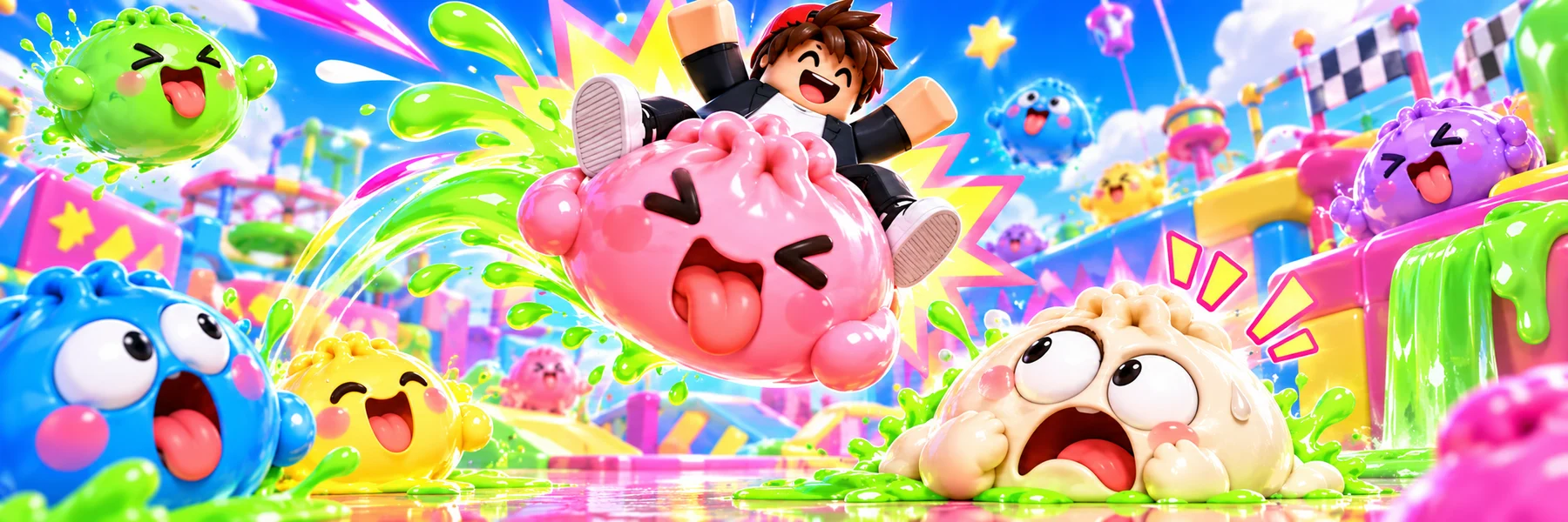 Squishy Splat promotional artwork: a rider and airborne pink Squishy leap toward a flattened dumpling in a colorful slime obstacle course.